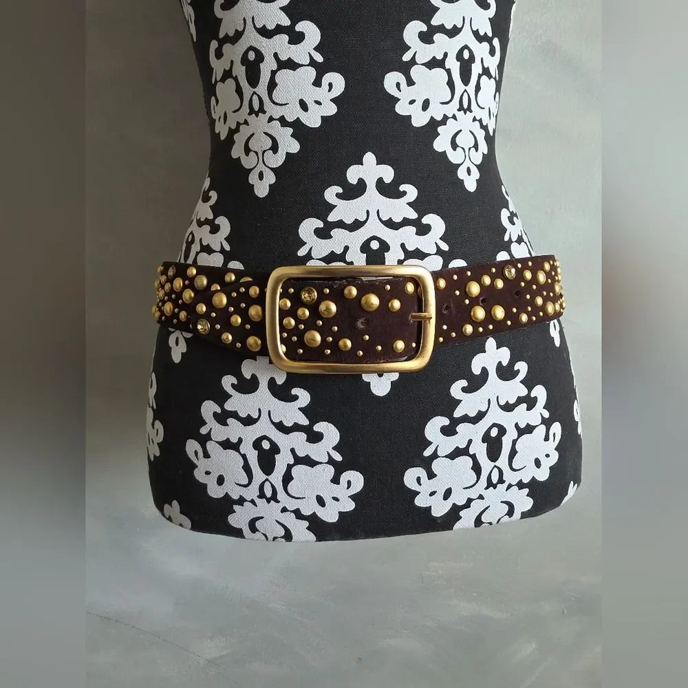 Brown Suede Leather Gold Studded Belt McBling Y2K Boh0 Sz M 38.5L